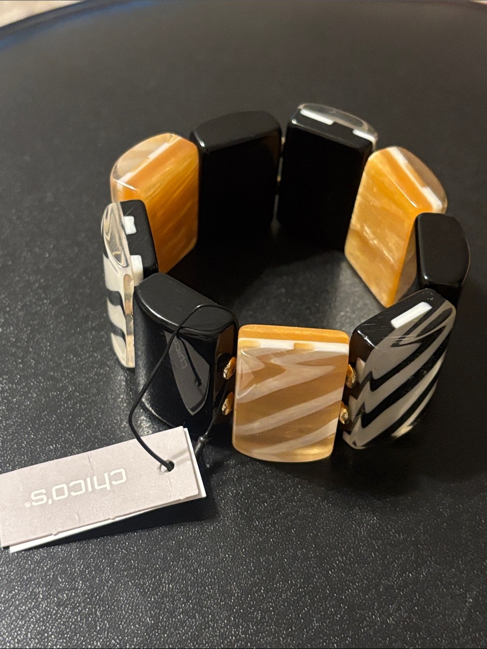 Chico's Black and Amber Striped Resin Link Bracelet Animal Print Bracelet